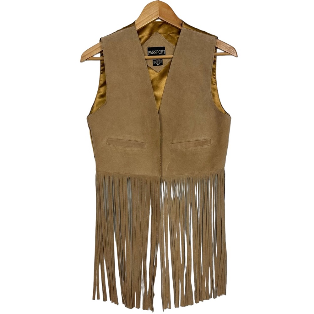 Genuine Leather Suede Boho Western Fringe Open Cropped Vest Tan Festival Rodeo - Picture 9 of 9